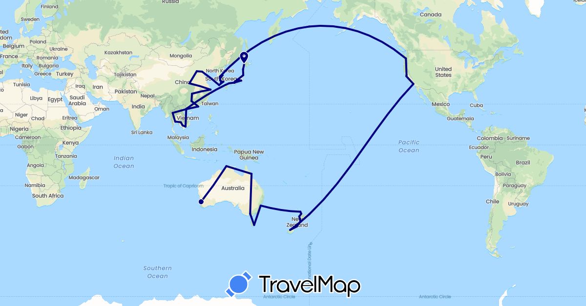 TravelMap itinerary: driving in Australia, China, Hong Kong, Japan, Cambodia, South Korea, New Zealand, Thailand, United States, Vietnam (Asia, North America, Oceania)