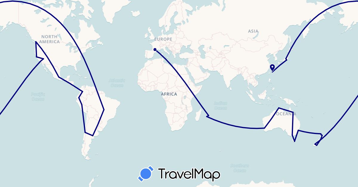 TravelMap itinerary: driving in Argentina, Australia, Brazil, Canada, Chile, Colombia, Ecuador, France, Japan, Mauritius, Mexico, New Zealand, Peru, Réunion, United States (Africa, Asia, Europe, North America, Oceania, South America)
